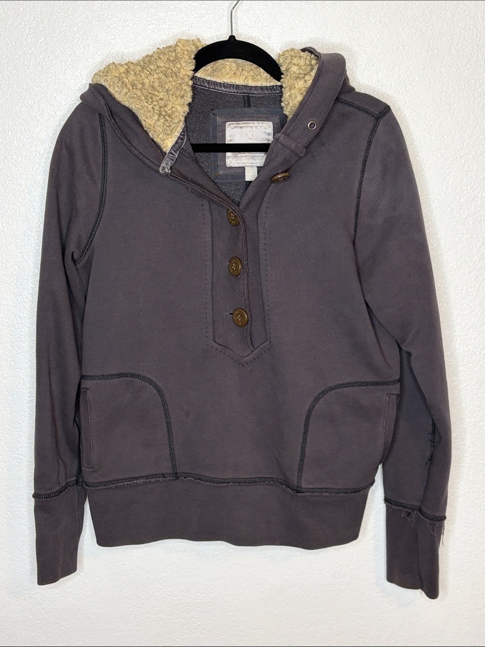 Y2K American Eagle Gray Faux Sherpa Lined Hood Henley Hoodie Size Large